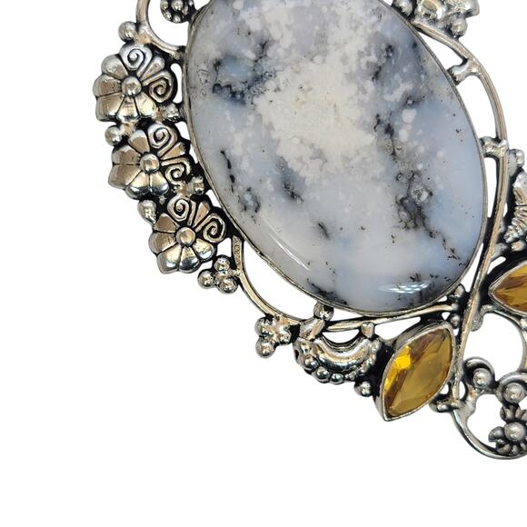 Dendritic Agate Pendant with Yellow Gems – Ornate Sterling Silver Necklace - Picture 3 of 10